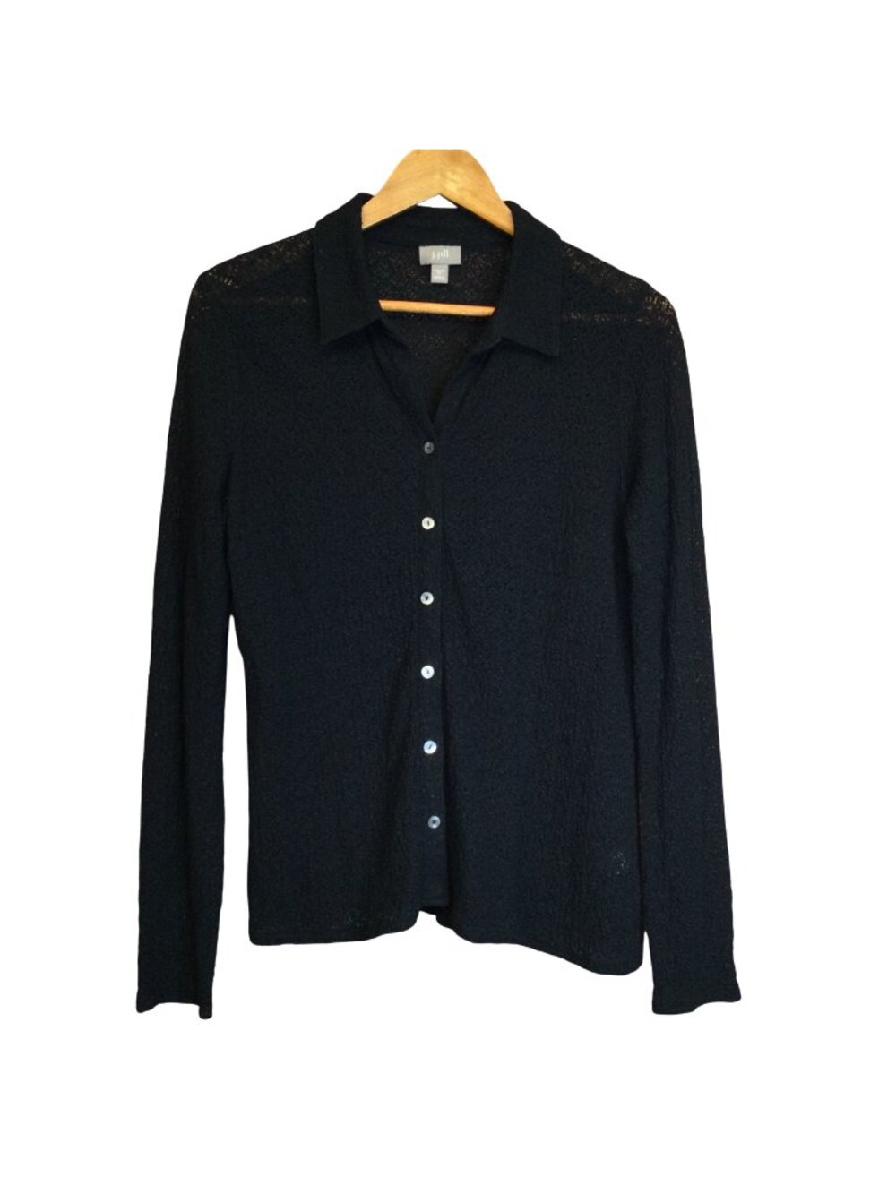 J Jill Black Lace Button Up Top Semi Sheer Shirt Size M Long Sleeve Layer Goth